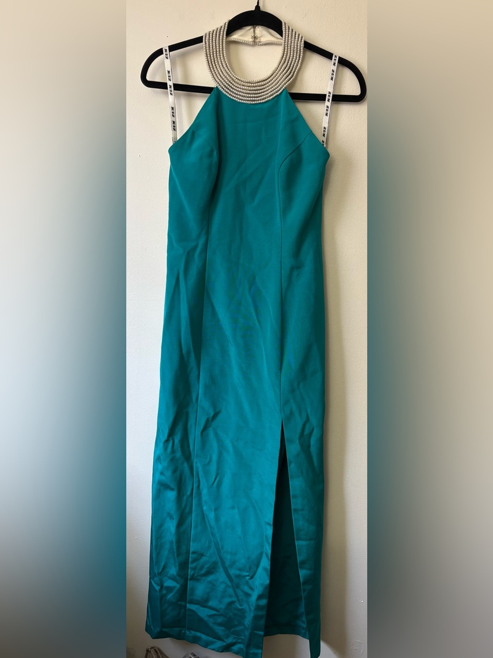 Teal Halter Neck Evening Gown with Beaded Collar Size 7/8